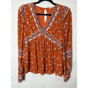 In Loom Women's BOHO Burnt Orange Lined Deep V-Neck Paisley Blouse Size S